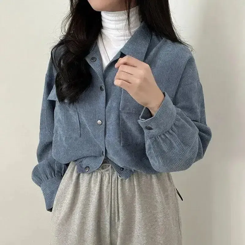 Chic Corduroy Crop Shirt with Adjustable Elastic Waist and Puff Sleeves