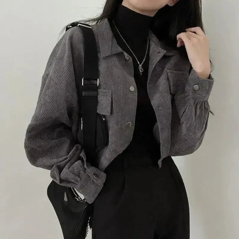 Chic Corduroy Crop Shirt with Adjustable Elastic Waist and Puff Sleeves
