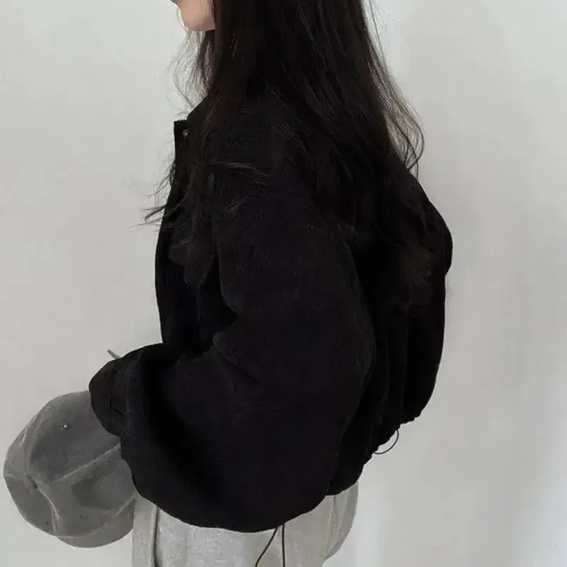 Chic Corduroy Crop Shirt with Adjustable Elastic Waist and Puff Sleeves