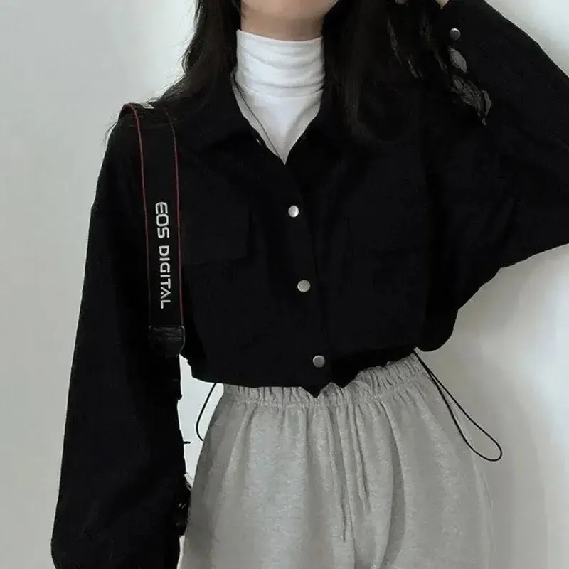 Chic Corduroy Crop Shirt with Adjustable Elastic Waist and Puff Sleeves