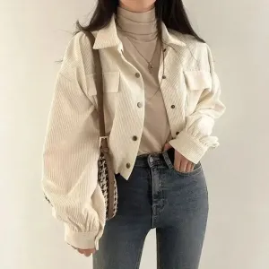 Chic Corduroy Crop Shirt with Adjustable Elastic Waist and Puff Sleeves