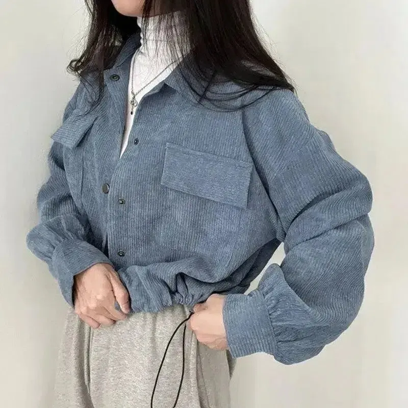 Chic Corduroy Crop Shirt with Adjustable Elastic Waist and Puff Sleeves