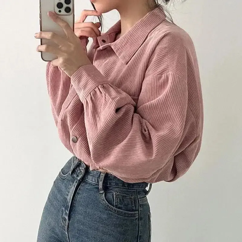 Chic Corduroy Crop Shirt with Adjustable Elastic Waist and Puff Sleeves