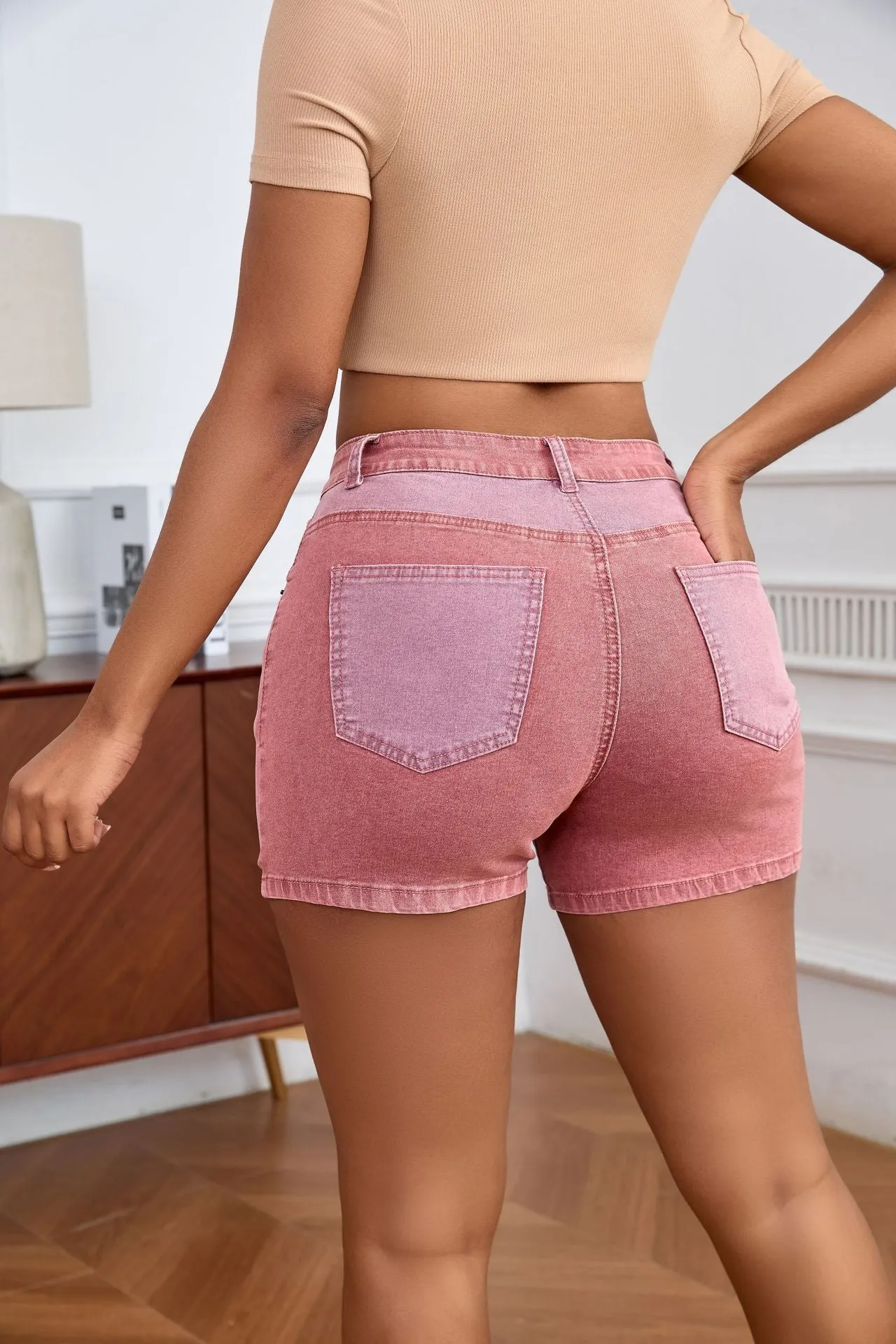 Chic High-Waisted Color-Block Stretch Denim Shorts with Washed Detail