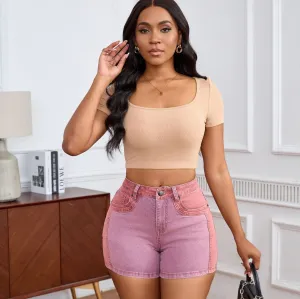 Chic High-Waisted Color-Block Stretch Denim Shorts with Washed Detail