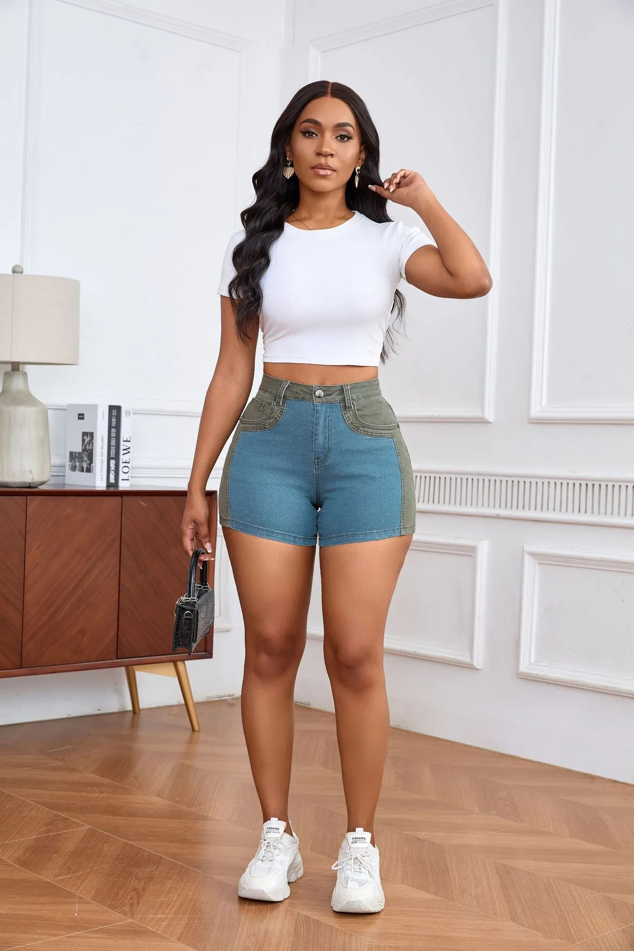 Chic High-Waisted Color-Block Stretch Denim Shorts with Washed Detail