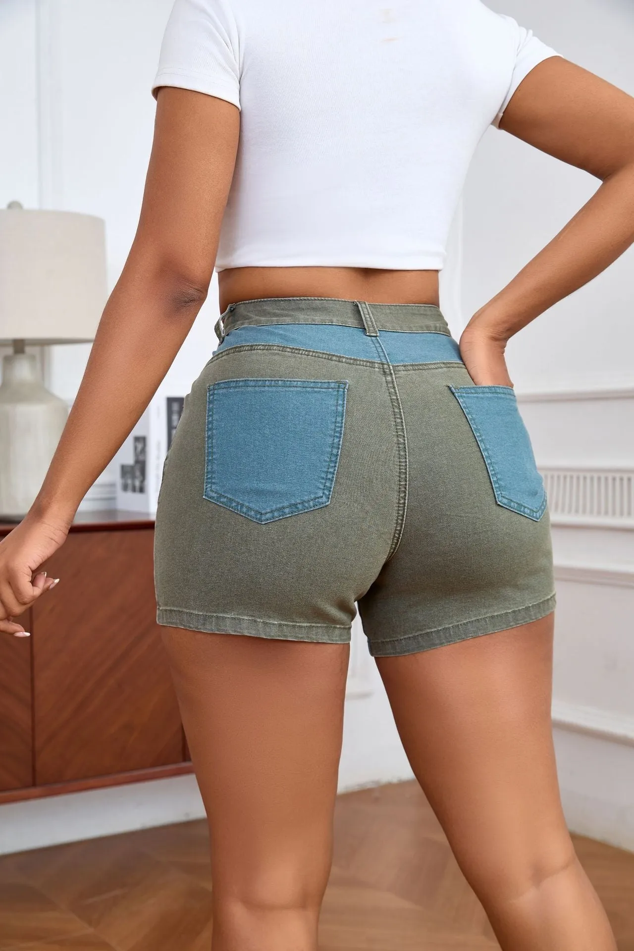 Chic High-Waisted Color-Block Stretch Denim Shorts with Washed Detail
