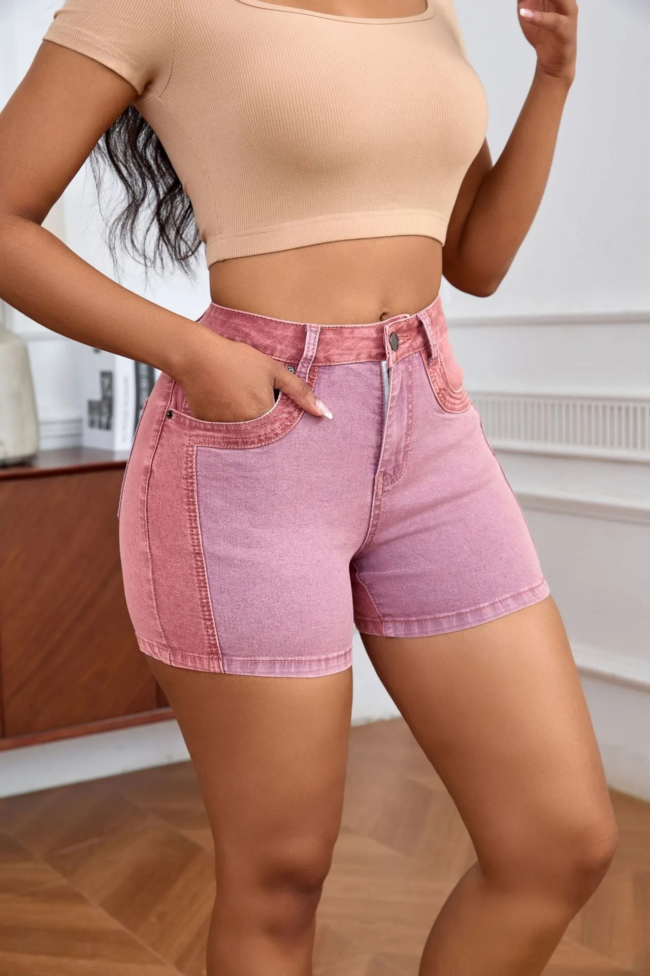 Chic High-Waisted Color-Block Stretch Denim Shorts with Washed Detail