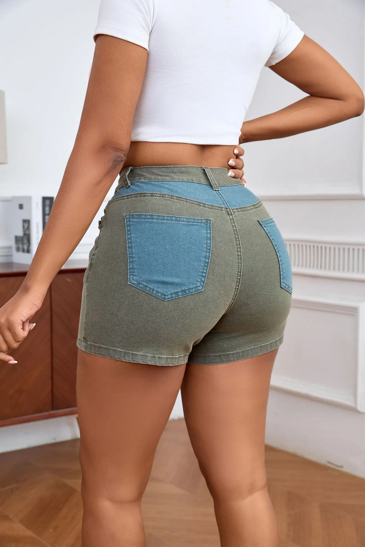 Chic High-Waisted Color-Block Stretch Denim Shorts with Washed Detail