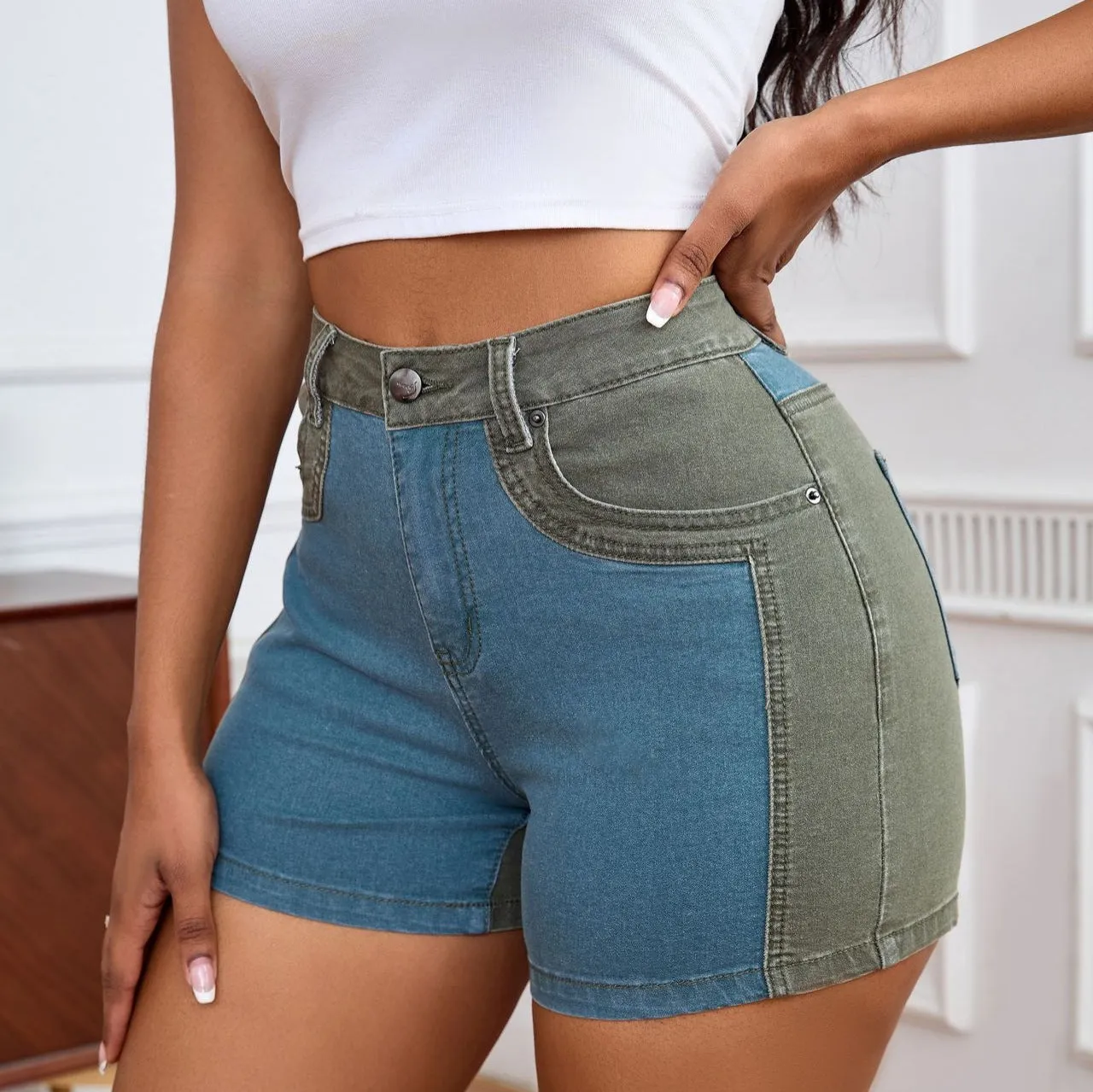 Chic High-Waisted Color-Block Stretch Denim Shorts with Washed Detail