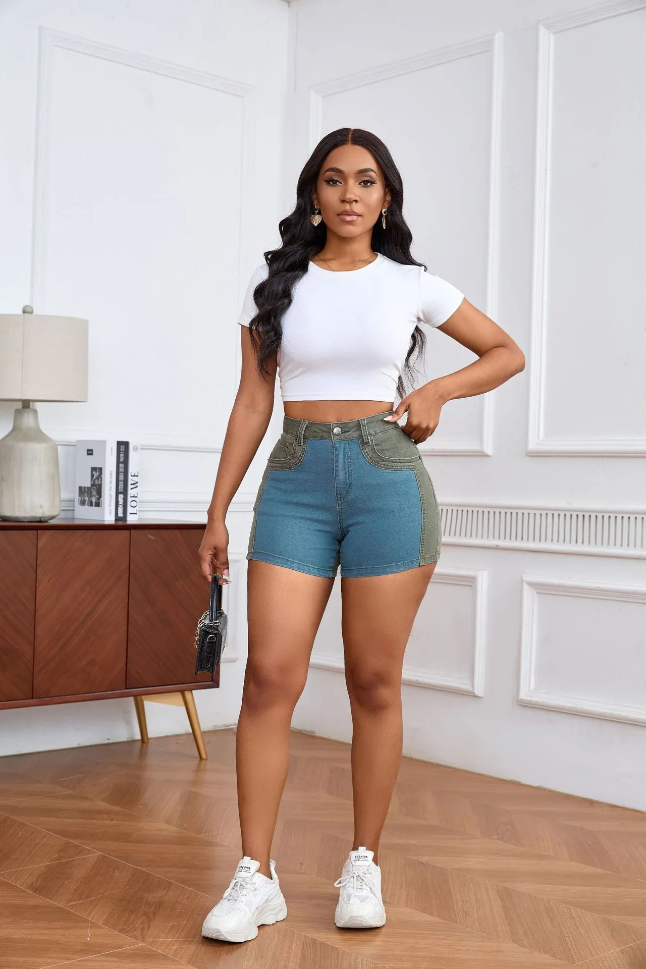 Chic High-Waisted Color-Block Stretch Denim Shorts with Washed Detail