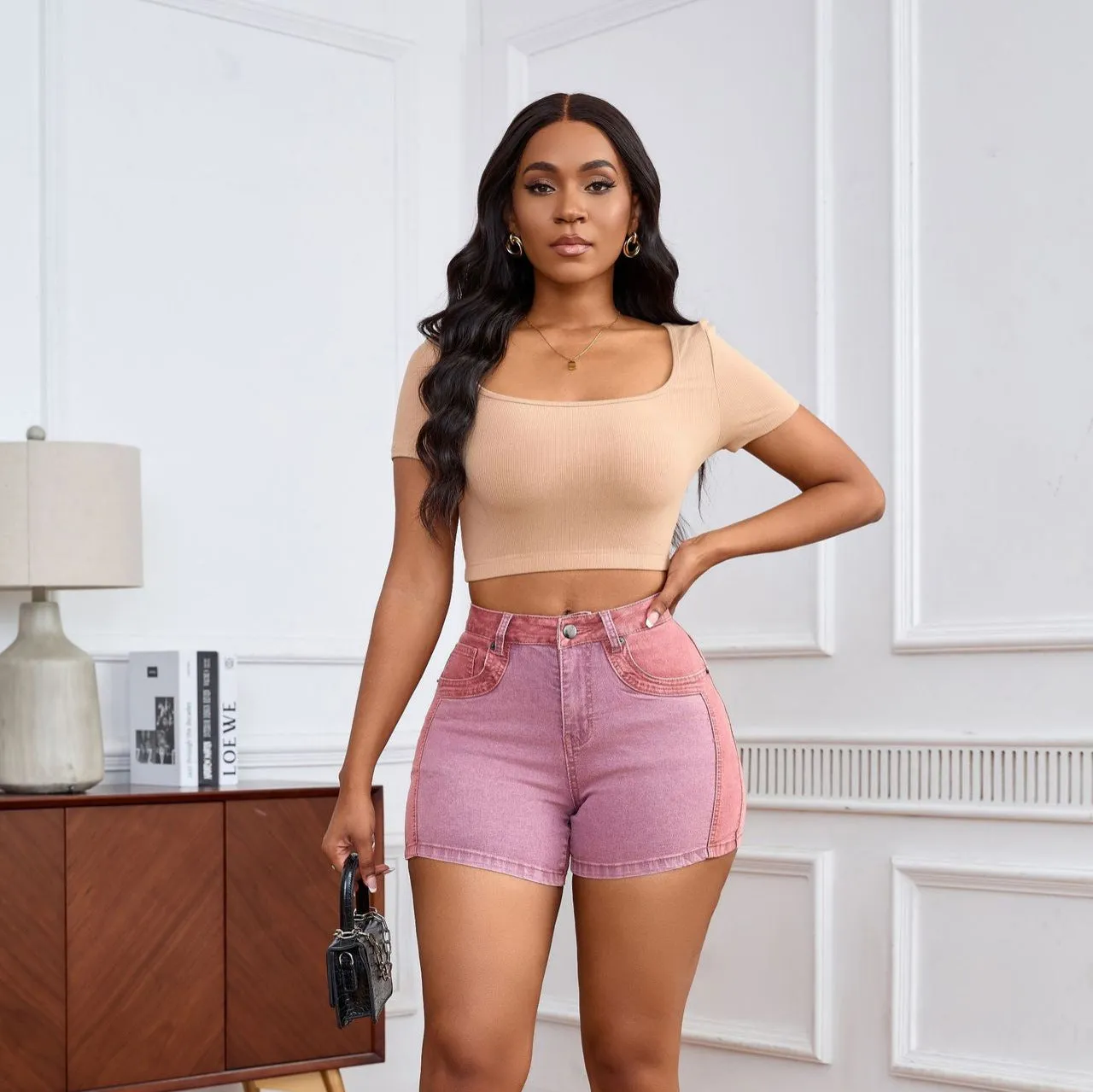 Chic High-Waisted Color-Block Stretch Denim Shorts with Washed Detail