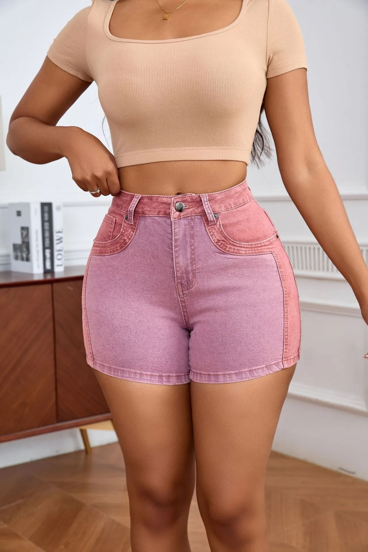 Chic High-Waisted Color-Block Stretch Denim Shorts with Washed Detail