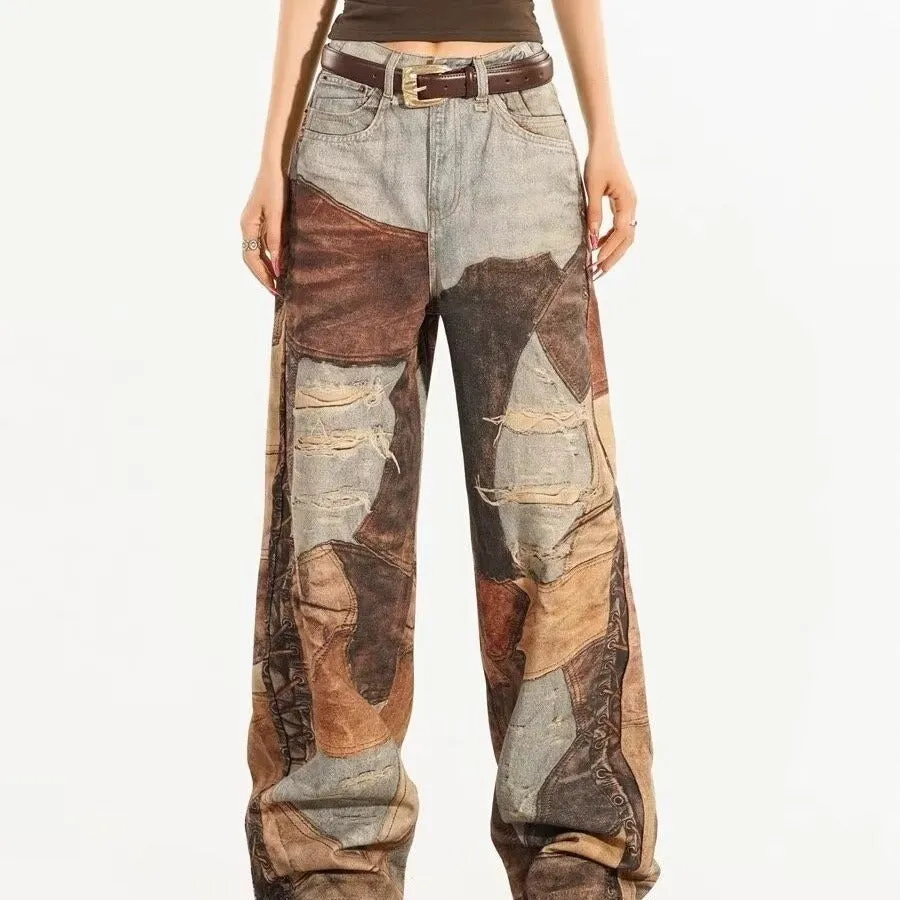 Chic  Vintage Patchwork Ripped Wide-Leg Denim Trousers for a Bold and Trendy Look