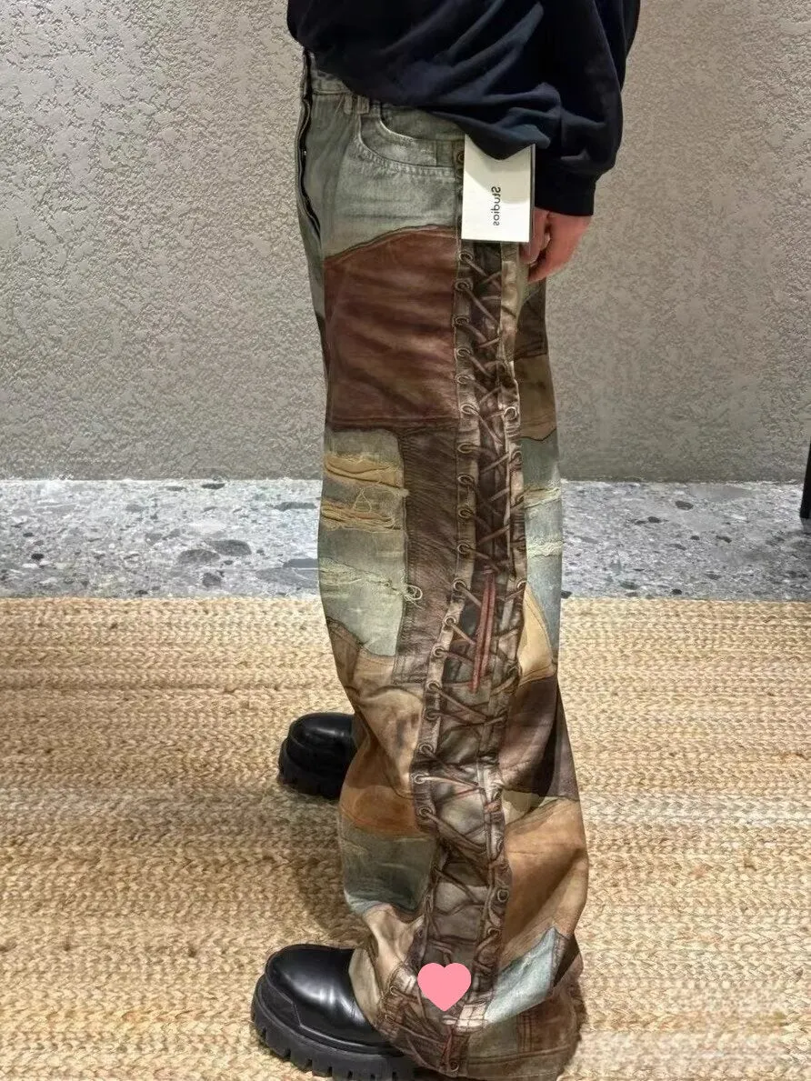 Chic  Vintage Patchwork Ripped Wide-Leg Denim Trousers for a Bold and Trendy Look