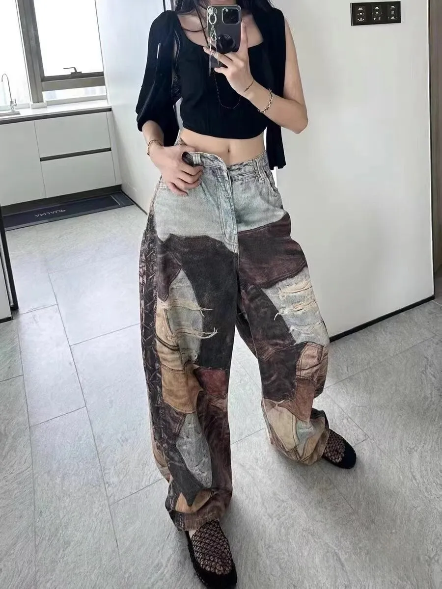 Chic  Vintage Patchwork Ripped Wide-Leg Denim Trousers for a Bold and Trendy Look