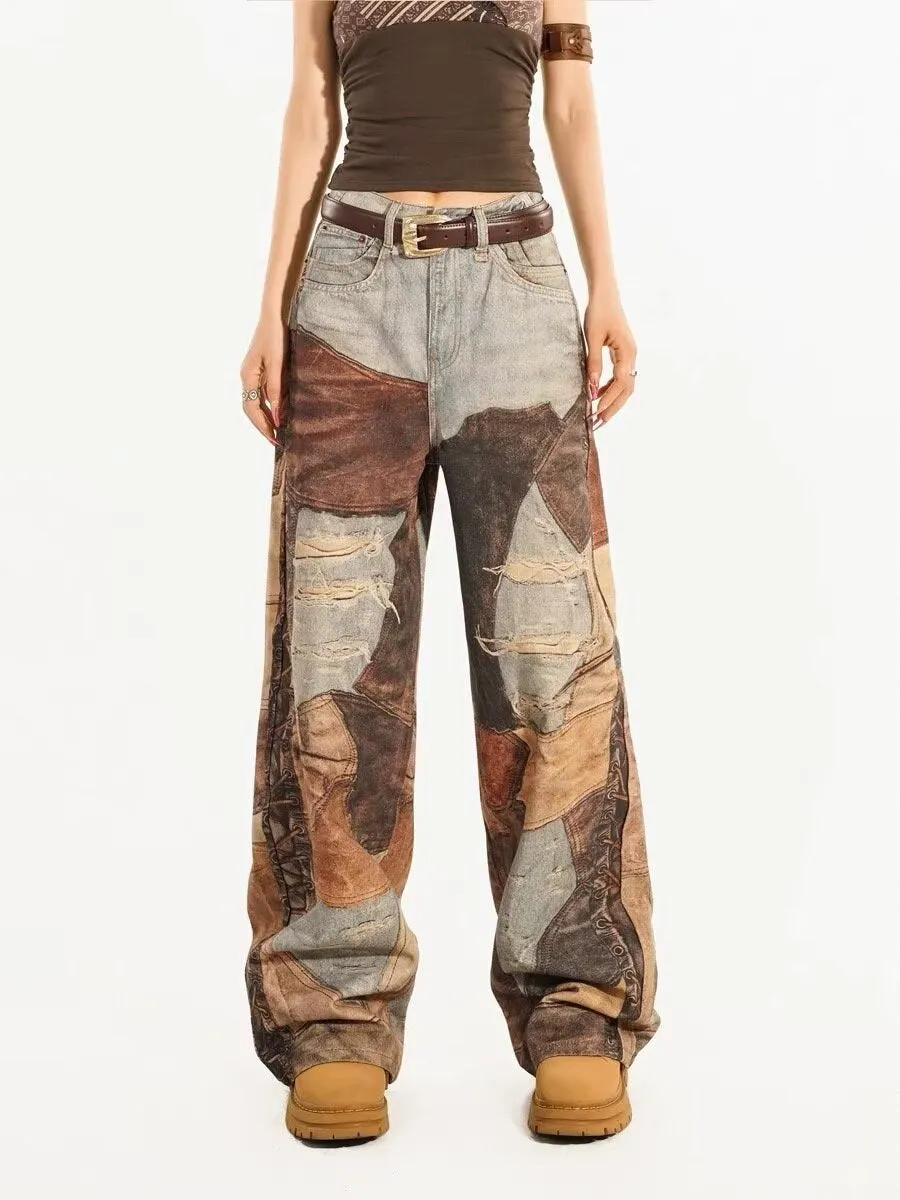 Chic  Vintage Patchwork Ripped Wide-Leg Denim Trousers for a Bold and Trendy Look