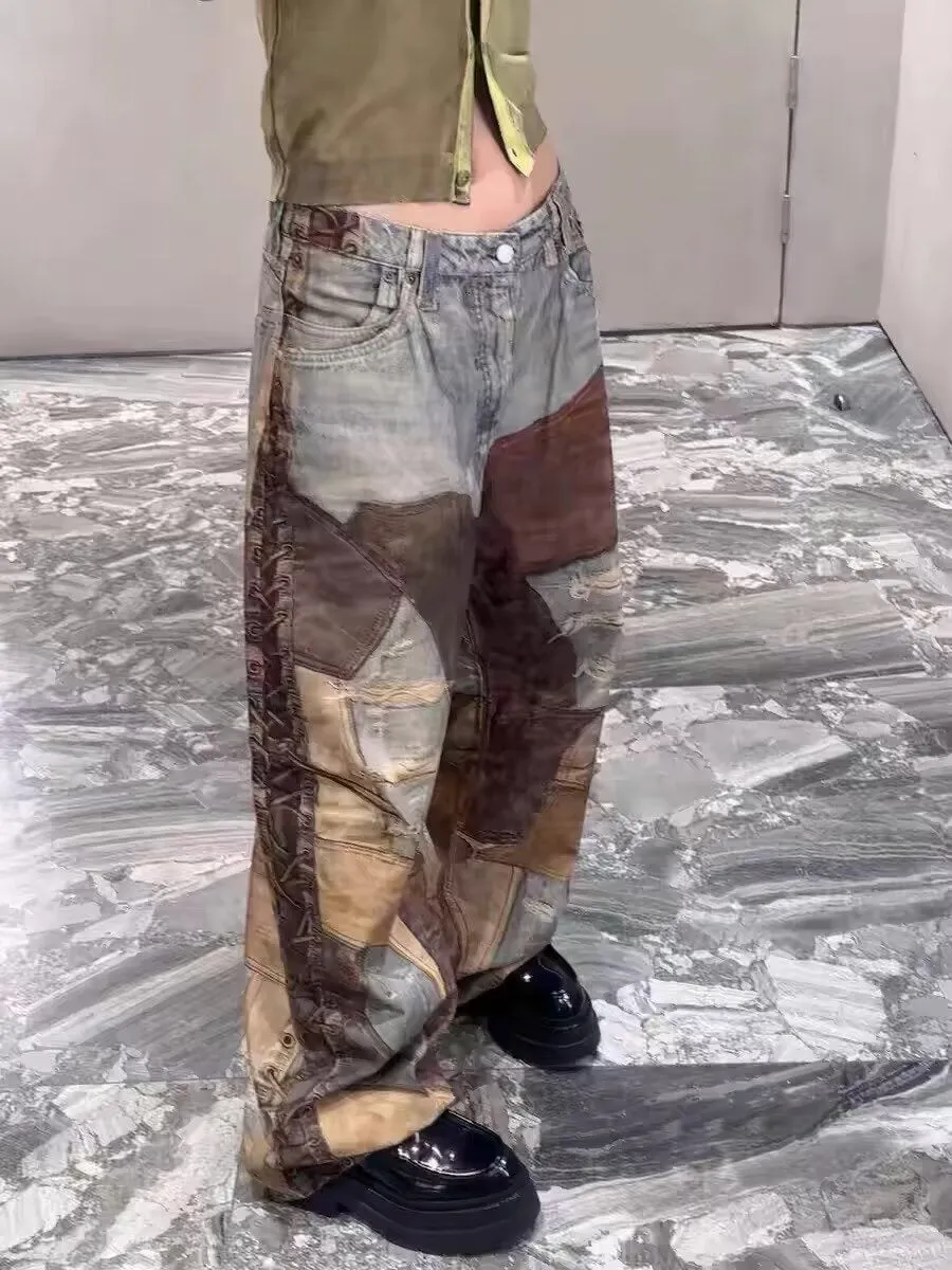Chic  Vintage Patchwork Ripped Wide-Leg Denim Trousers for a Bold and Trendy Look