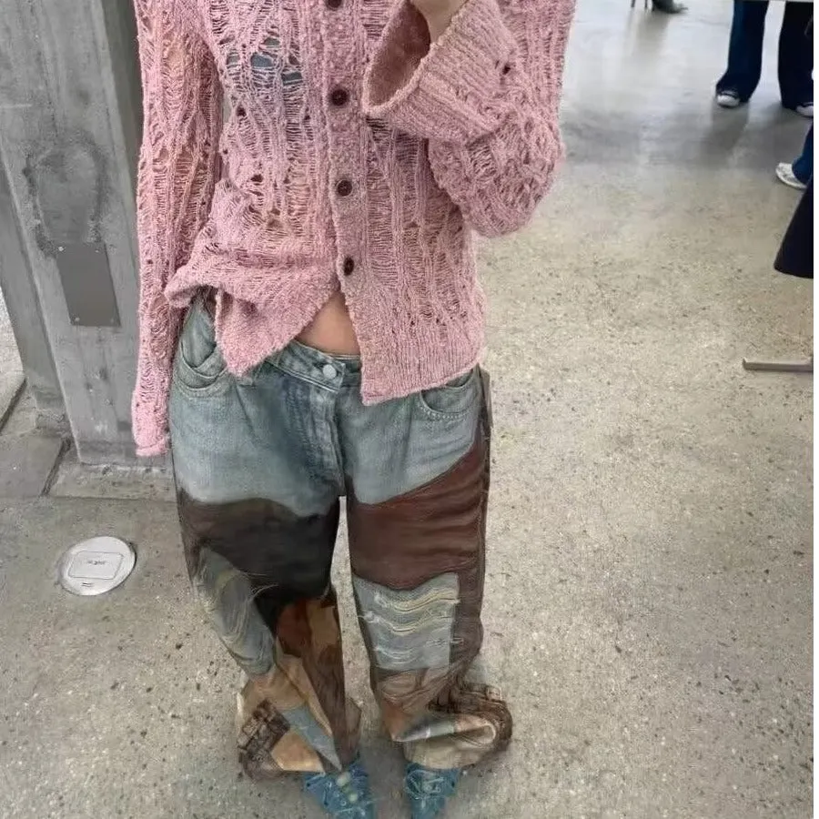 Chic  Vintage Patchwork Ripped Wide-Leg Denim Trousers for a Bold and Trendy Look
