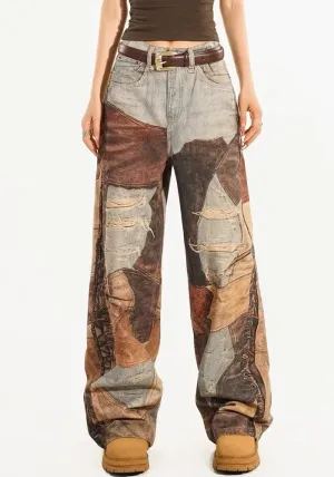 Chic  Vintage Patchwork Ripped Wide-Leg Denim Trousers for a Bold and Trendy Look