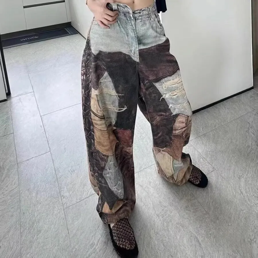 Chic  Vintage Patchwork Ripped Wide-Leg Denim Trousers for a Bold and Trendy Look