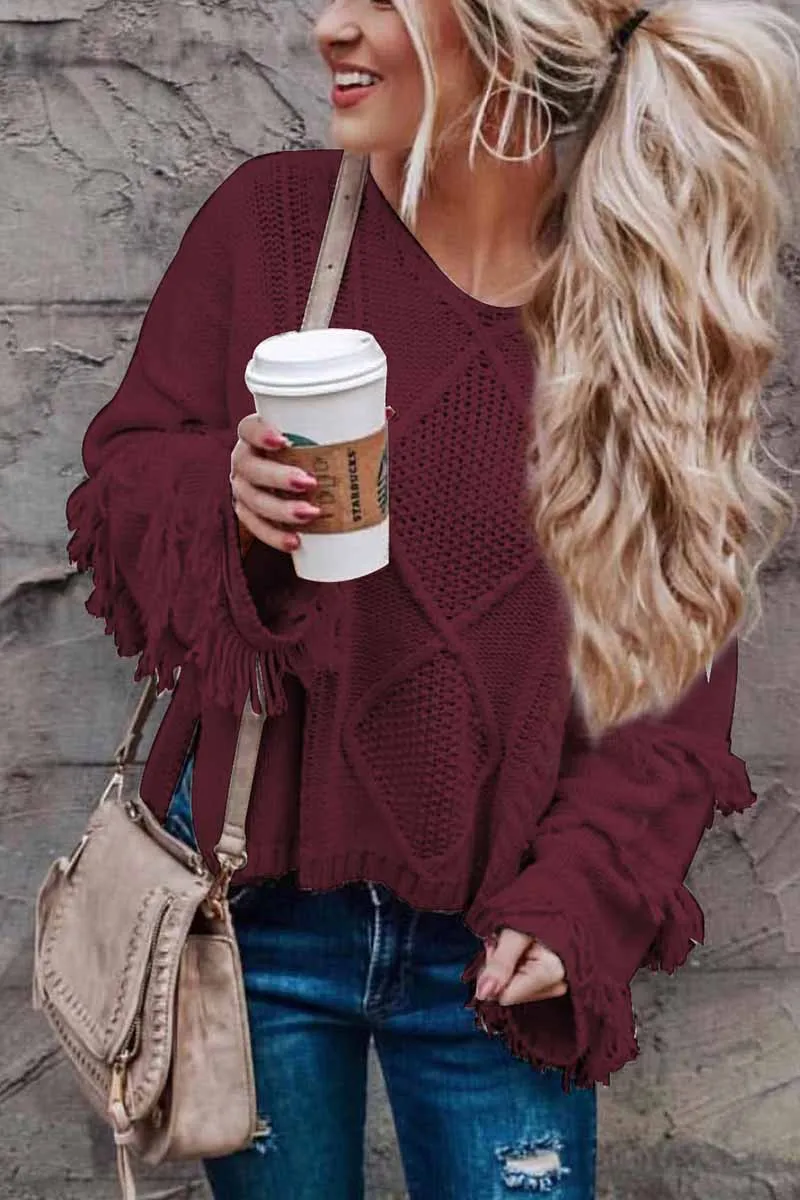 Chicindress Solid Color Knitted Tassel Sweater