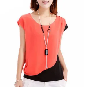 Chiffon Blouses Women Casual Fashion Patchwork Short Sleeve Shirt Tops WTS480