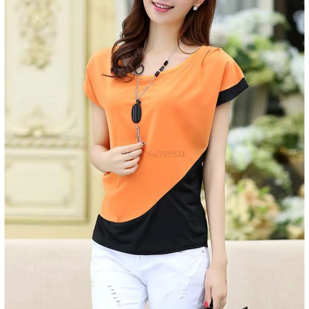 Chiffon Blouses Women Casual Fashion Patchwork Short Sleeve Shirt Tops WTS480