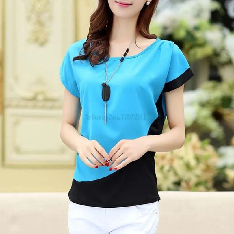 Chiffon Blouses Women Casual Fashion Patchwork Short Sleeve Shirt Tops WTS480