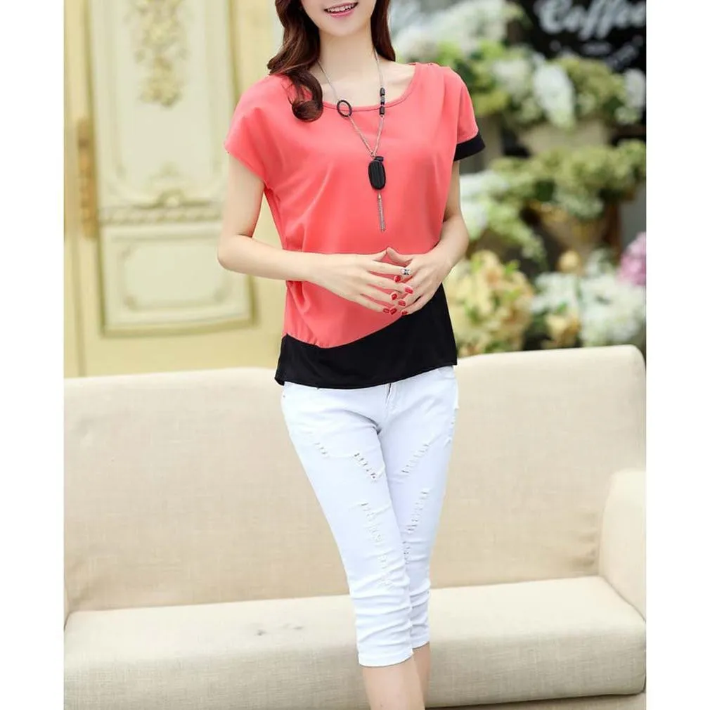 Chiffon Blouses Women Casual Fashion Patchwork Short Sleeve Shirt Tops WTS480