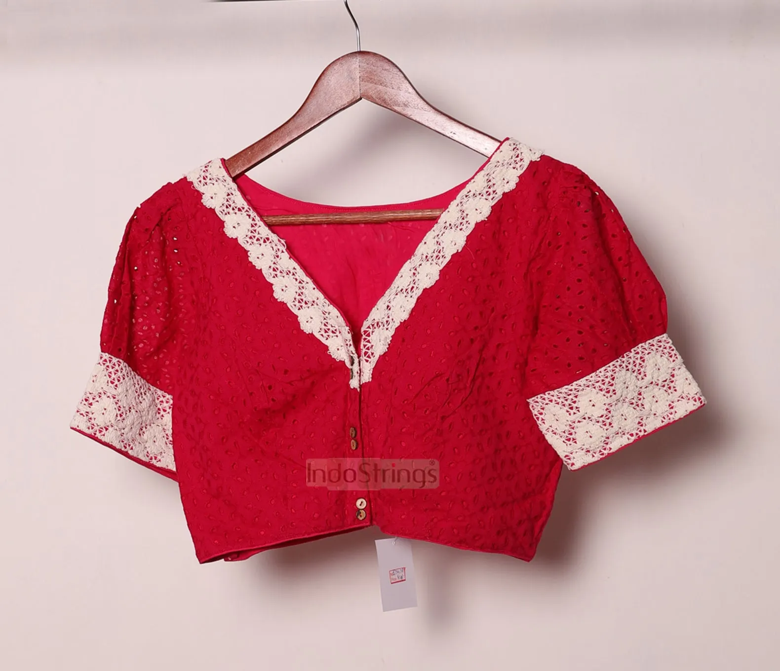 Chikankari Puff Lace Sleeves Blouse (Pink)