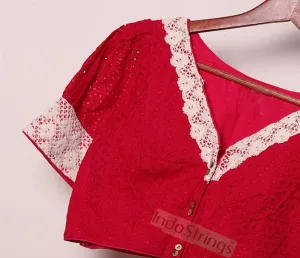 Chikankari Puff Lace Sleeves Blouse (Pink)