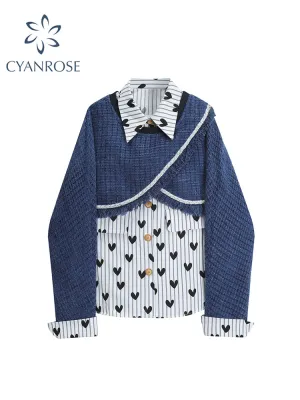 christmas outfit JazzHer Women's Patchwork Print Shirts Blouses 2000s Korean Harajuku Y2k Top Fashion Vintage Long Sleeve Shirt with Collar Clothes 2025