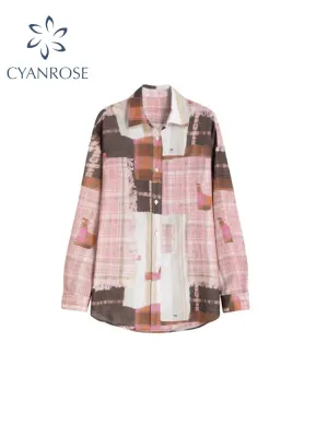 christmas outfit JazzHer Women's Pink Plaid Patchwork Shirts Blouses Vintage Harajuku 90s Y2k Elegant Long Sleeve Shirt Top 2000s Streetwear Clothes 2025