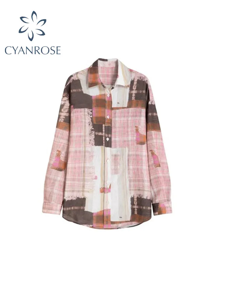 christmas outfit JazzHer Women's Pink Plaid Patchwork Shirts Blouses Vintage Harajuku 90s Y2k Elegant Long Sleeve Shirt Top 2000s Streetwear Clothes 2025
