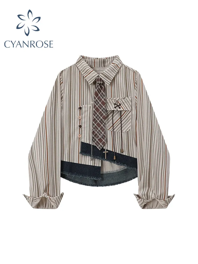 christmas outfit JazzHer Women's Striped Shirts Blouses Y2k Aesthetic Streetwear Vintage Korean 2000s Elegant Long Sleeve Polo-Neck Shirt Clothes Summer