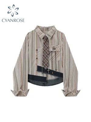 christmas outfit JazzHer Women's Striped Shirts Blouses Y2k Aesthetic Streetwear Vintage Korean 2000s Elegant Long Sleeve Polo-Neck Shirt Clothes Summer