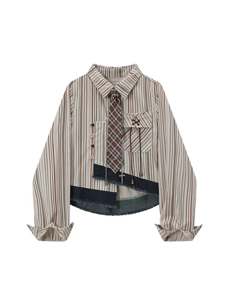 christmas outfit JazzHer Women's Striped Shirts Blouses Y2k Aesthetic Streetwear Vintage Korean 2000s Elegant Long Sleeve Polo-Neck Shirt Clothes Summer