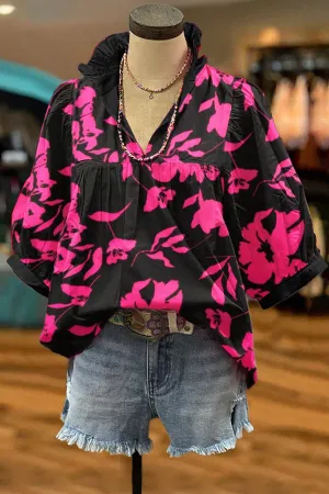 Classic Botanical Print Puff Sleeve Blouse