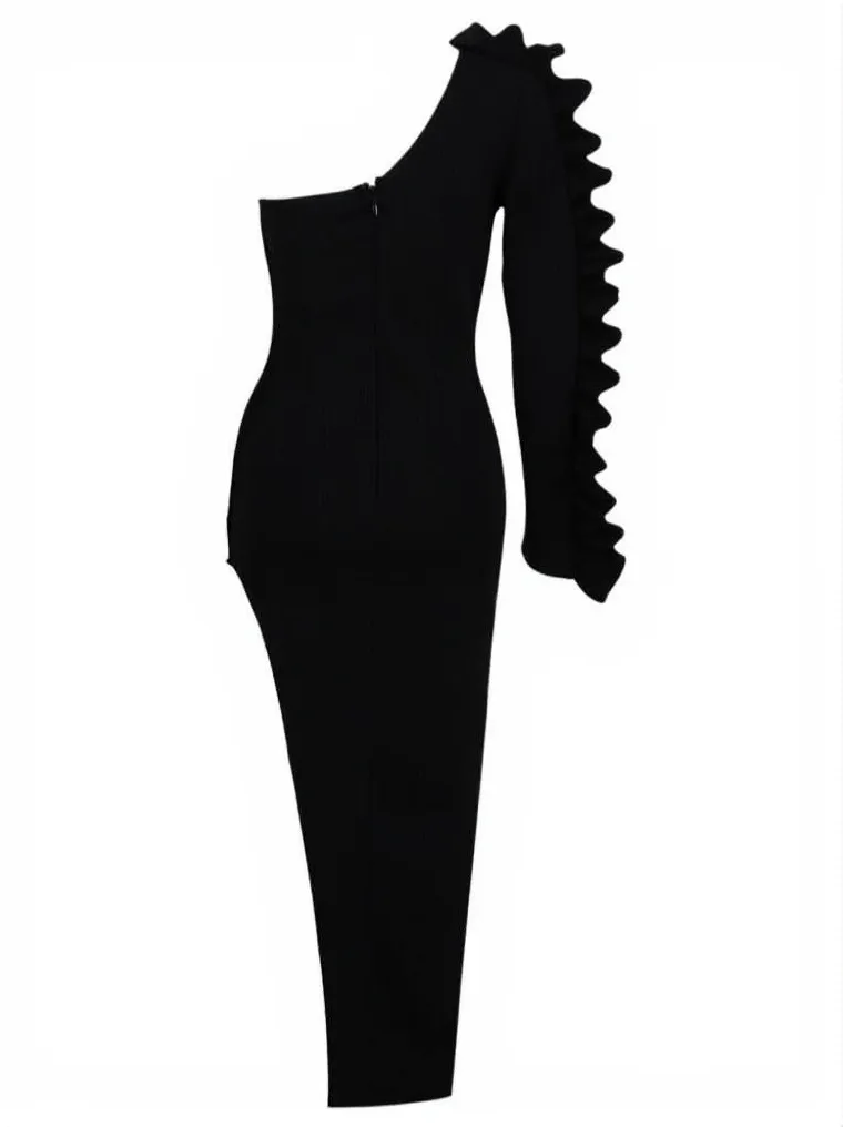 Cliet One Shoulder Ruffle Asymmetric Knit Dress