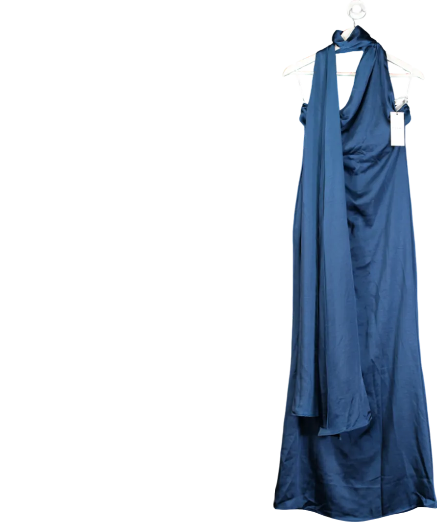 Club L Blue Navy Asymmetric Scarf Neck Backless Maxi Dress UK 10