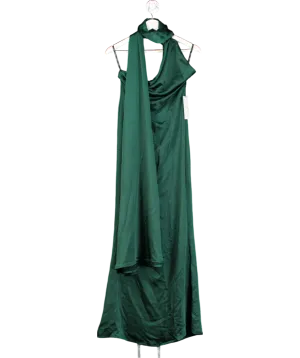 Club L Bottle Green Satin Asymmetric Scarf Neck Backless Maxi Dress UK 8