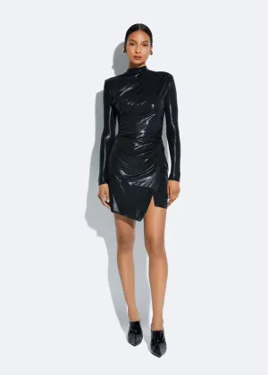 Coated Jersey Draped Mini Dress