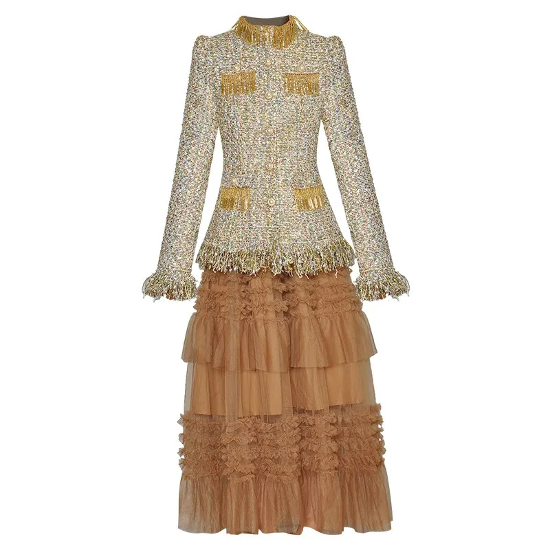 Coco Tassel Plaid Tweed Stand Collar Jacket   Elastic Waist Mesh Skirt Two Piece Set