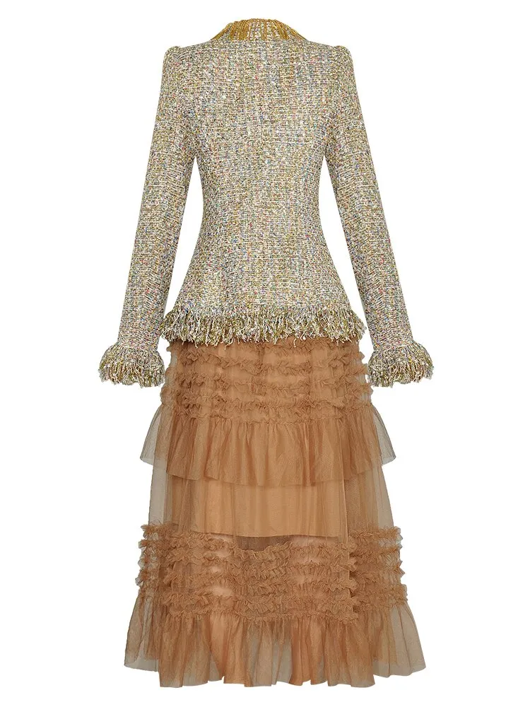 Coco Tassel Plaid Tweed Stand Collar Jacket   Elastic Waist Mesh Skirt Two Piece Set