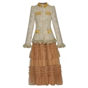 Coco Tassel Plaid Tweed Stand Collar Jacket   Elastic Waist Mesh Skirt Two Piece Set