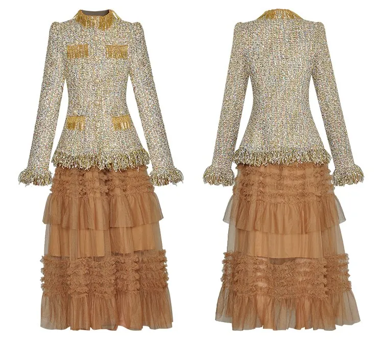 Coco Tassel Plaid Tweed Stand Collar Jacket   Elastic Waist Mesh Skirt Two Piece Set