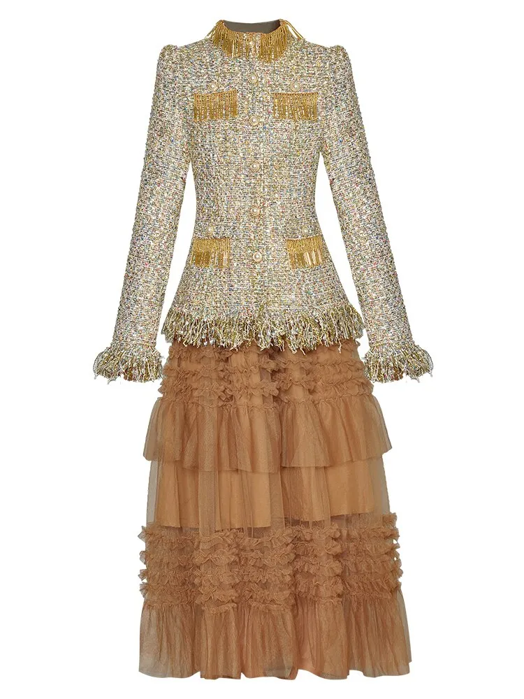 Coco Tassel Plaid Tweed Stand Collar Jacket   Elastic Waist Mesh Skirt Two Piece Set