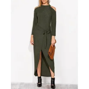 Cold Shoulder Asymmetric Knitted Maxi Jumper Dress - Blackish Green M