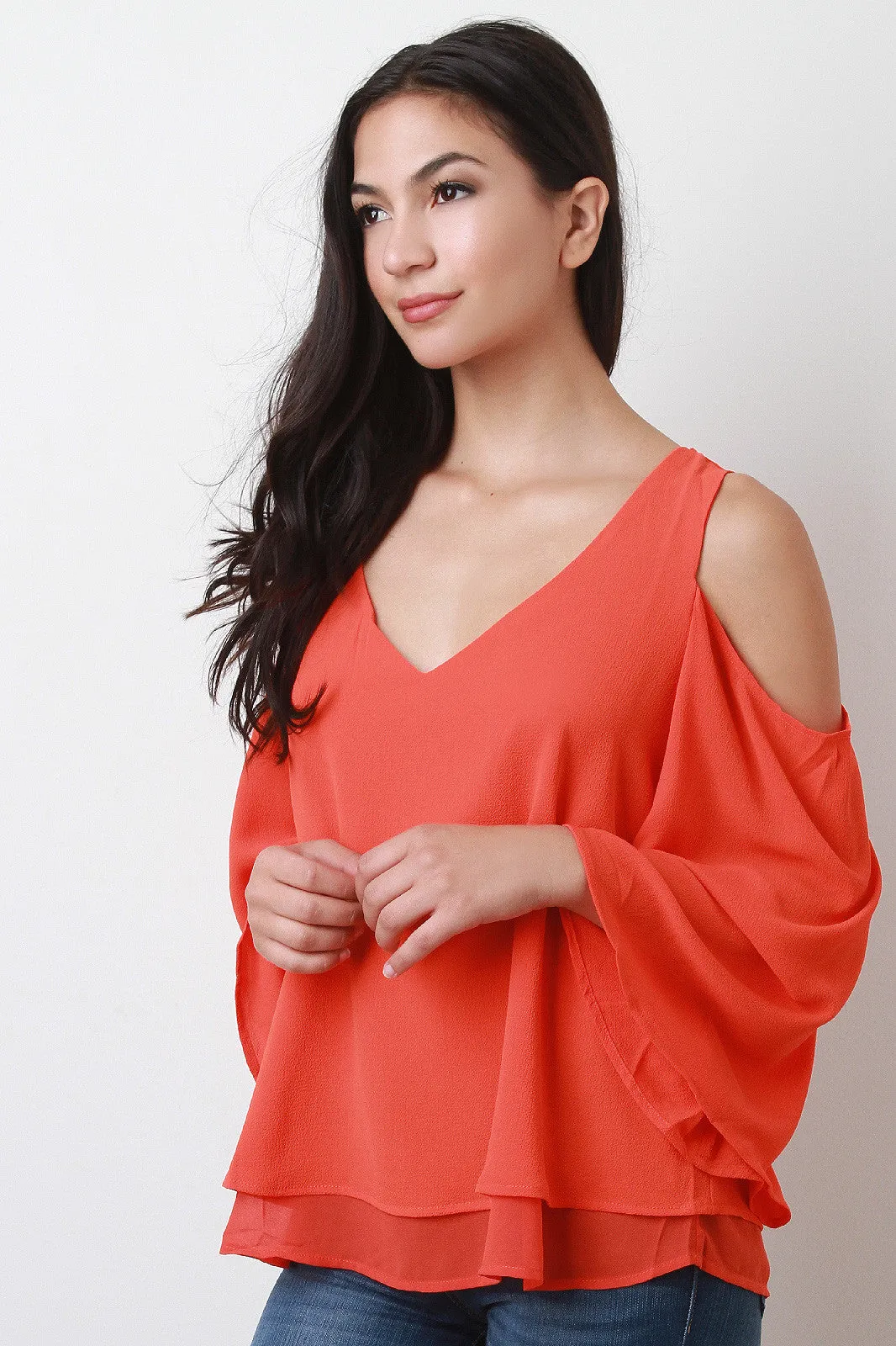Crepe Chiffon Open Shoulder Top